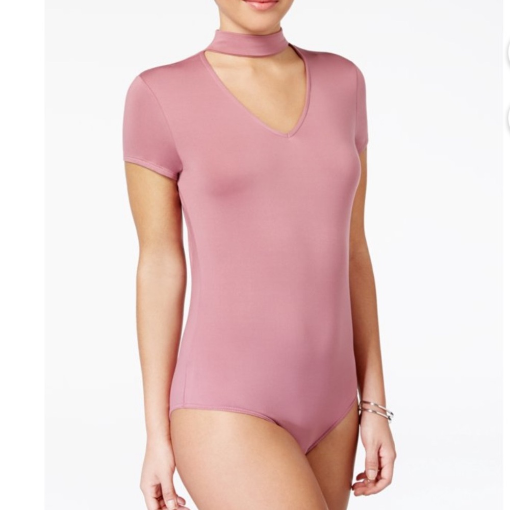 Say What? Bodysuit. Short Sleeve w/Choker-Style Neckline. Super Soft Blush Pink